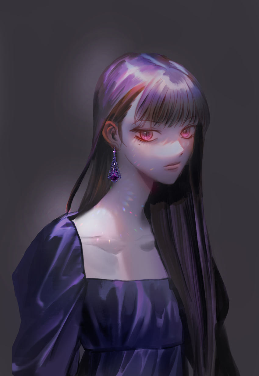 1girl absurdres bangs blunt_bangs closed_mouth collarbone dress earrings eyelashes gem glowing grey_background hair_behind_ear hair_over_shoulder highres jewelry korean_commentary lips long_hair looking_at_viewer medea_solon mole mole_under_eye nlmoo purple_dress purple_gemstone purple_hair purple_theme red_eyes solo straight_hair upper_body violet_eyes your_throne