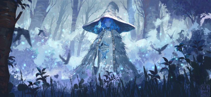 1girl absurdres bird blue_eyes blue_hair blue_skin cloak closed_mouth colored_skin dress elden_ring extra_arms extra_faces forest fur_cloak grass hat highres jef_wu looking_at_viewer nature one_eye_closed own_hands_together ranni_the_witch signature solo standing steepled_fingers tree white_dress white_headwear wide_shot witch_hat