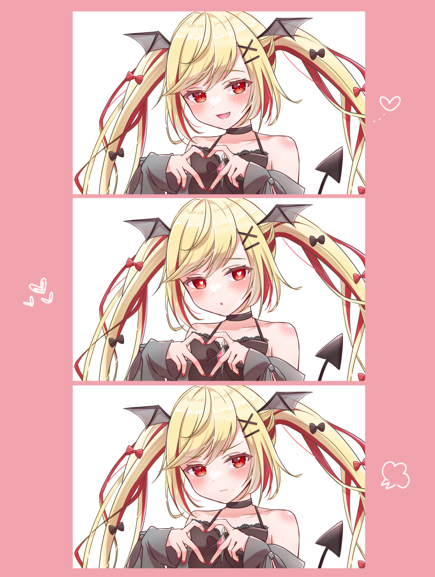 1girl :o =3 absurdres bangs black_bow black_dress black_ribbon blonde_hair blush bow character_request commentary demon_girl demon_tail demon_wings dress eyebrows_visible_through_hair fang heart heart-shaped_pupils heart_hands highres indie_virtual_youtuber long_hair looking_at_viewer multicolored_hair null_maru pink_background red_bow red_eyes redhead ribbon smile solo_focus streaked_hair symbol-shaped_pupils tail twintails virtual_youtuber wings