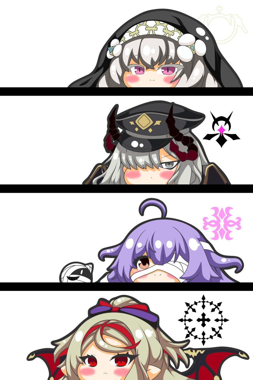 4girls absurdres ahoge bandage_over_one_eye bangs black_headwear blue_archive blush bow brown_eyes brown_hair character_request chibi closed_mouth colored_eyelashes eyebrows_visible_through_hair grey_eyes grey_hair hair_between_eyes hair_bow hair_over_one_eye halo hat high_ponytail highres kurukurumagical makoto_(blue_archive) multicolored_hair multiple_girls peaked_cap pointy_ears ponytail purple_hair red_eyes red_wings redhead sakurako_(blue_archive) simple_background smile streaked_hair veil violet_eyes white_background wings