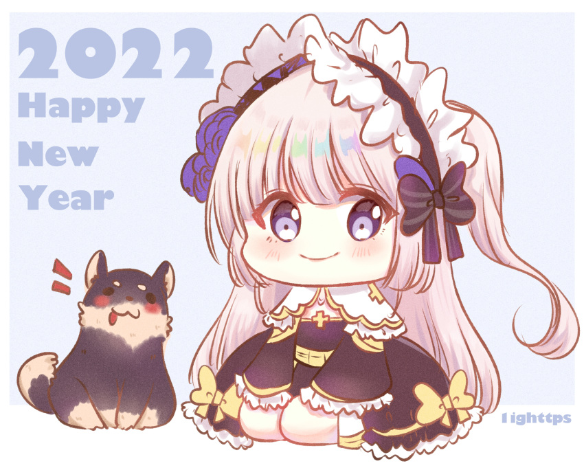1girl 2022 animal bangs black_bow black_dress black_hairband blue_background blush bow closed_mouth dog dress eyebrows_visible_through_hair flower frilled_hairband frills grey_hair hairband happy_new_year high_priest_(ragnarok_online) highres light_(luxiao_deng) long_hair long_sleeves looking_at_viewer notice_lines one_side_up purple_flower purple_rose ragnarok_online rose signature sleeves_past_fingers sleeves_past_wrists smile solo striped striped_bow two-tone_background very_long_hair violet_eyes