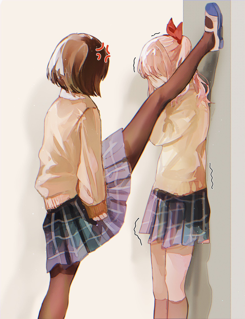 1girl 1other akiyama_mizuki anger_vein brown_cardigan brown_hair cardigan commentary_request covering_face foot_against_wall from_side hair_ribbon highres kikinoki long_hair long_sleeves pantyhose parody pink_hair project_sekai red_ribbon ribbon school_uniform shadow shinonome_ena short_hair sleeves_past_wrists split standing standing_on_one_leg standing_split trembling