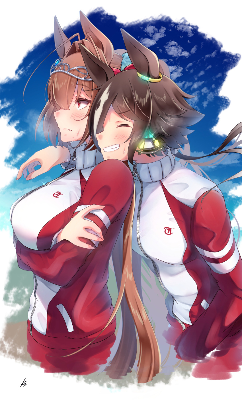 2girls animal_ears bangs blush breast_hold breasts brown_hair closed_eyes closed_mouth commentary_request crossed_arms daiwa_scarlet_(umamusume) glint grin hair_intakes hand_on_another's_shoulder highres horse_ears jacket large_breasts long_hair long_sleeves looking_afar multiple_girls poco. red_eyes sideways_mouth signature small_breasts smile sweat tiara track_jacket twintails umamusume vodka_(umamusume)