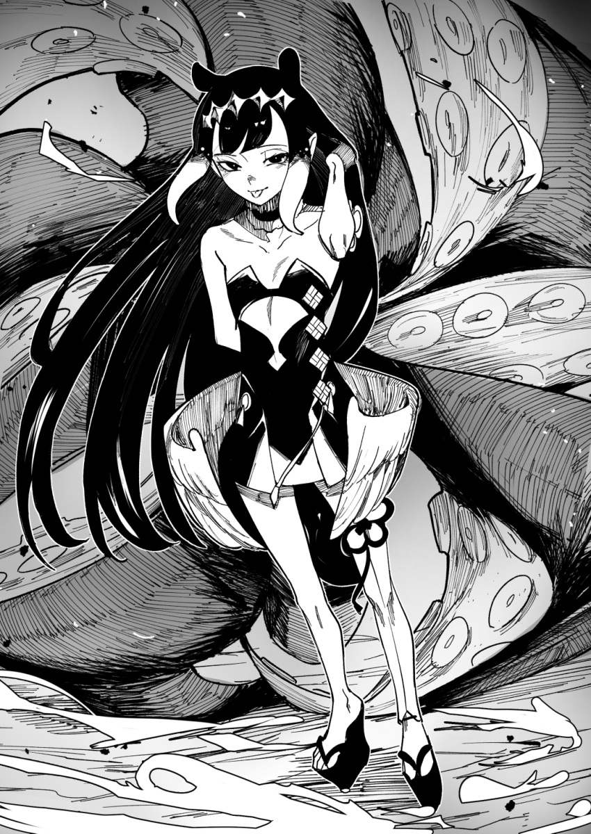 1girl bangs collarbone detached_sleeves dress flat_chest floating_hair fur_choker greyscale hair_behind_ear half-closed_eyes hand_in_own_hair highres hololive hololive_english long_hair longlong_(drasdr7513) low_wings monochrome ninomae_ina'nis platform_footwear pointy_ears single_detached_sleeve single_thighhigh smile solo standing strapless strapless_dress tentacles thigh-highs tongue tongue_out tube_dress very_long_hair virtual_youtuber wings