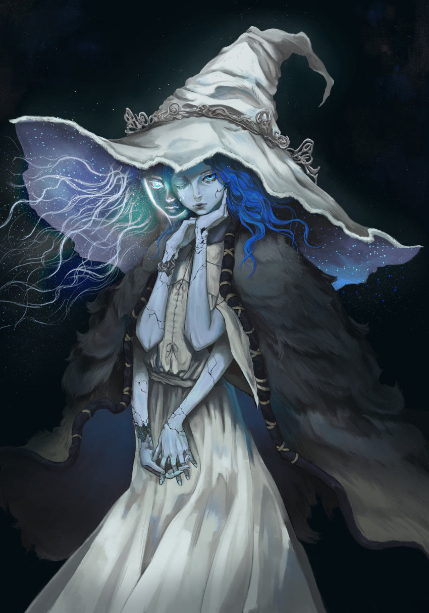 1girl blue_eyes blue_hair blue_nails blue_skin cloak closed_mouth colored_skin cracked_skin dress elden_ring extra_arms extra_faces fingernails flat_chest fur_cloak hat highres interlocked_fingers kelvin_ricardo large_hat long_hair looking_at_viewer one_eye_closed ranni_the_witch solo standing white_dress witch witch_hat