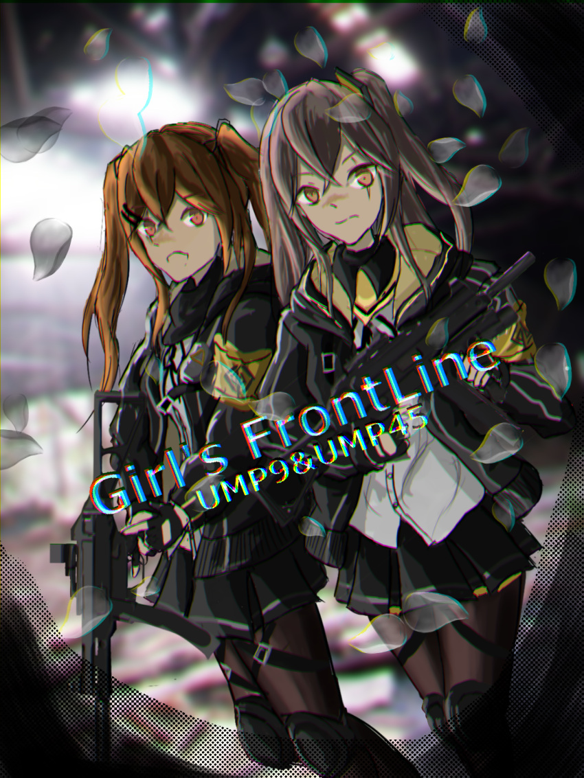 2girls bangs black_gloves black_legwear black_skirt brown_eyes brown_hair character_name commentary_request copyright_name expressionless feet_out_of_frame fingerless_gloves girls_frontline gloves grey_hair gun h&amp;k_ump45 h&amp;k_ump9 hair_between_eyes hair_ornament hairclip highres holding holding_gun holding_weapon jacket knee_pads long_hair looking_at_viewer multiple_girls one_side_up pantyhose pleated_skirt scar scar_across_eye scar_on_face shirt sister_is_mine9 skirt twintails ump45_(girls'_frontline) ump9_(girls'_frontline) weapon white_shirt
