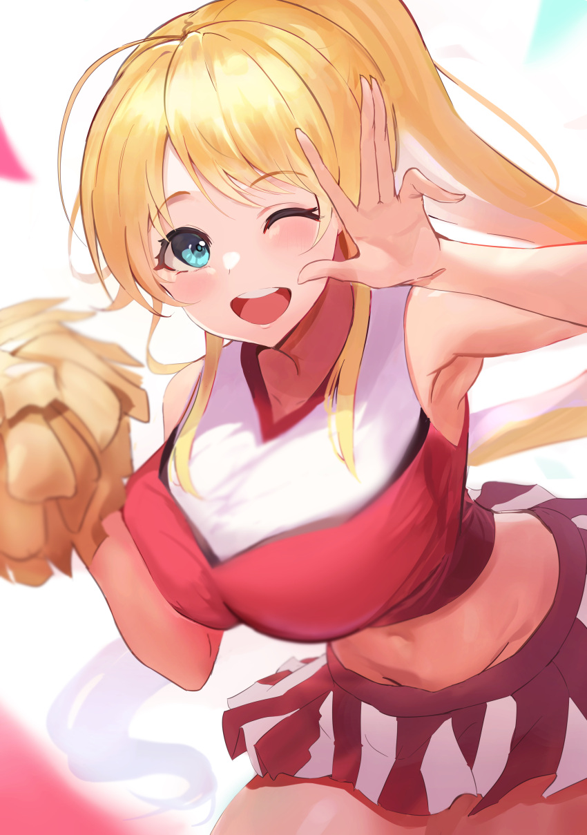 1girl absurdres ahoge armpits bangs blonde_hair blue_eyes breast_squeeze breasts cheerleader groin hachimiya_meguru highres idolmaster idolmaster_shiny_colors large_breasts leaning_forward long_hair midriff motion_blur navel one_eye_closed open_mouth pleated_skirt pom_pom_(cheerleading) ponytail simple_background skirt smile solo swept_bangs toto_no_we v_neck very_long_hair waving white_background