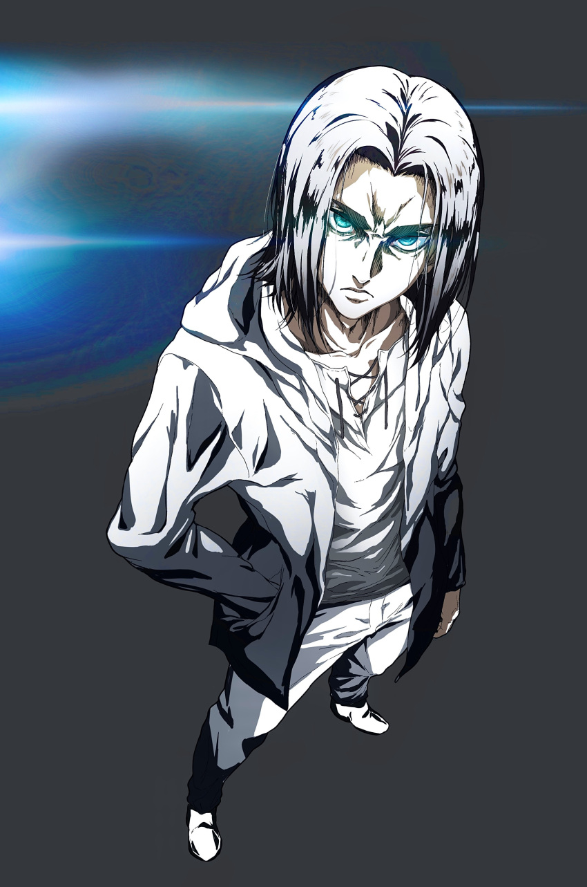 1boy absurdres angry coat cross-laced_slit daisx_(dais0115) eren_yeager foreshortening frown full_body glowing glowing_eyes green_eyes hand_in_pocket highres hood hood_down light long_hair looking_at_viewer looking_up male_focus official_style open_clothes open_coat pants perspective shingeki_no_kyojin shiny shiny_hair shirt solo spot_color staring thick_eyebrows