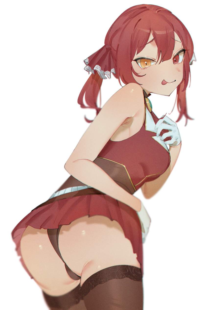 1girl :p armpits ass bare_shoulders black_legwear breasts gloves heterochromia highres hololive houshou_marine kurokiri6630 leotard looking_at_viewer pleated_skirt red_eyes redhead simple_background skirt sleeveless smile solo thigh-highs tongue tongue_out twintails virtual_youtuber white_background white_gloves yellow_eyes