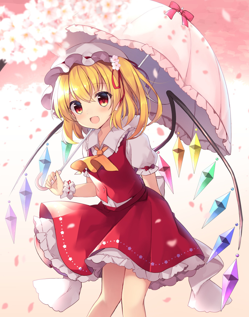 1girl :d absurdres bangs blonde_hair blush crystal eyebrows_visible_through_hair flandre_scarlet frilled_shirt_collar frills gradient gradient_background hat highres holding holding_umbrella looking_at_viewer miniskirt mob_cap one_side_up open_mouth petals petticoat puffy_short_sleeves puffy_sleeves red_eyes red_skirt red_vest ribbon ruhika shirt short_sleeves skirt skirt_set smile solo standing touhou umbrella vest white_shirt wings wrist_cuffs
