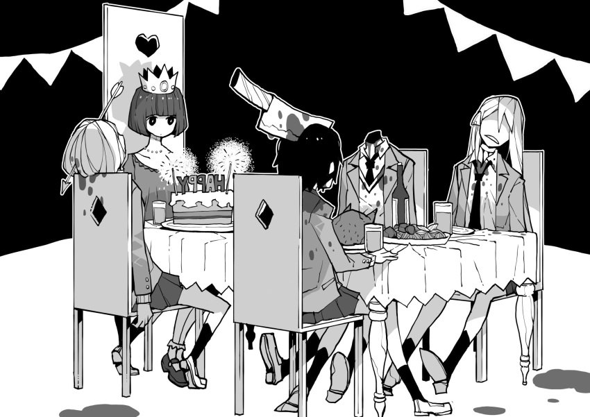 5girls arrow_(projectile) arrow_in_head birthday birthday_cake birthday_party blood cake chair commentary_request crown cup death dowman_sayman dress drinking_glass fireworks food greyscale headless heart highres horror_(theme) long_hair long_sleeves machete medium_hair miniskirt monochrome multiple_girls necktie original school_uniform shoes skirt socks sparkler table