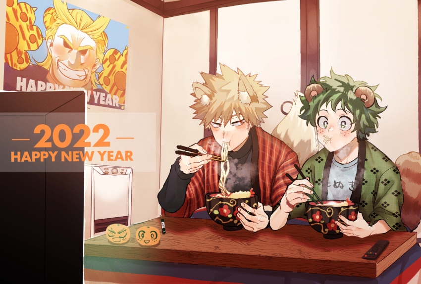 2022 all_might animal_ears animal_hands bakugou_katsuki blonde_hair blue_shirt blush boku_no_hero_academia bowl chopsticks controller eating food food_in_mouth fox_ears fox_tail freckles fruit green_eyes green_hair grin happy_new_year highres holding holding_bowl holding_chopsticks in_mouth japanese_clothes kotatsu looking_ahead looking_at_another looking_to_the_side mandarin_orange marker midoriya_izuku noodles poster_(object) raccoon_ears raccoon_tail ramen rapiko red_eyes remote_control scar_on_hand shirt smile spiky_hair table tail teeth television tempura tiger_ears tiger_paws watching_television