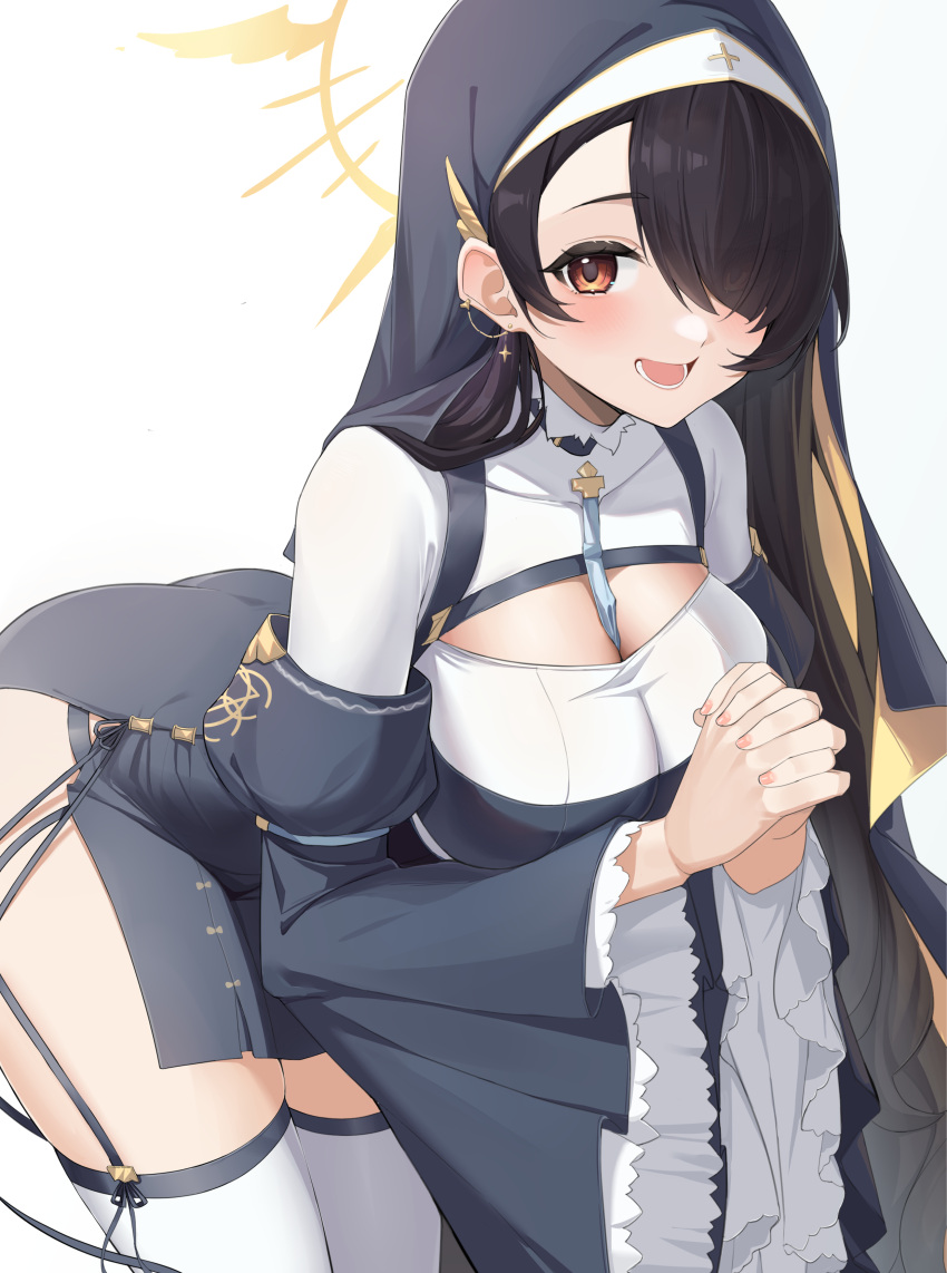 1girl absurdres bangs black_hair blue_archive blush breasts cleavage_cutout clothing_cutout garter_belt habit hair_over_one_eye halo highres hinata_(blue_archive) large_breasts long_hair long_sleeves looking_at_viewer nun open_mouth own_hands_clasped own_hands_together pelvic_curtain red_eyes smile solo thigh-highs thighs wavy_hair white_legwear xubai