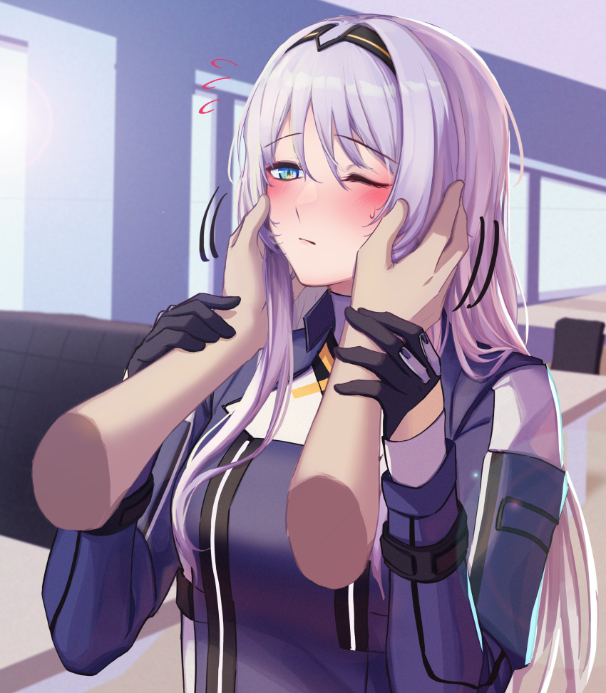 1girl 3_small_spiders absurdres an-94_(girls'_frontline) aqua_eyes bangs black_gloves black_hairband blush breasts closed_mouth commentary eyebrows_visible_through_hair girls_frontline gloves hairband hands_on_own_face highres long_hair looking_at_viewer one_eye_closed platinum_blonde_hair silver_hair simple_background solo sweatdrop tactical_clothes upper_body