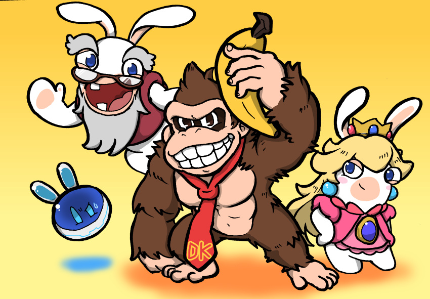 1girl 3boys androgynous animal_ears banana beep-0 charisuke chibi crossover crown donkey_kong donkey_kong_(series) earrings food fruit furry furry_male glasses highres jewelry mario_+_rabbids_kingdom_battle multiple_boys necktie no_humans rabbid rabbid_cranky rabbid_peach rabbit_ears raving_rabbids robot shadow simple_background super_mario_bros. sweatdrop tiara yellow_background