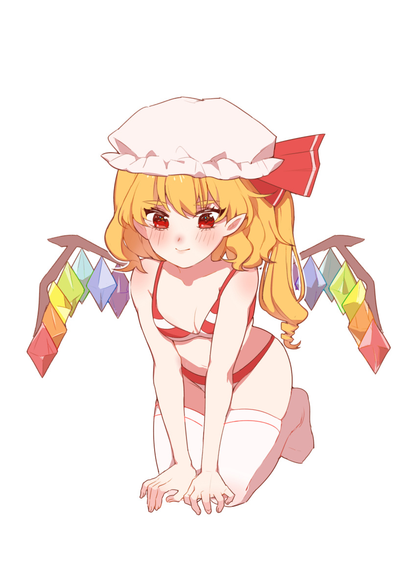 1girl absurdres bare_arms bikini blonde_hair blush breasts crystal flandre_scarlet full_body hat hat_ribbon highres iwakoo kneeling long_hair looking_at_viewer mob_cap pointy_ears red_bikini red_eyes red_ribbon ribbon simple_background smile solo swimsuit thigh-highs touhou white_background white_legwear wings