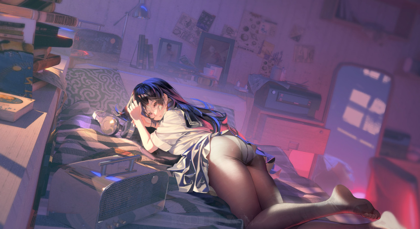 1girl absurdres artist_name ass bangs bed black_hair black_sailor_collar black_skirt book book_stack breasts brown_legwear clothes_lift feet foot_out_of_frame from_behind headphones headphones_removed highres indoors koi_han lamp long_hair looking_at_viewer looking_back lying no_shoes on_bed on_stomach original panties panties_under_pantyhose pantyhose parted_lips picture_(object) pillow sailor_collar school_uniform serafuku shirt short_sleeves skirt skirt_lift solo underwear white_panties white_shirt