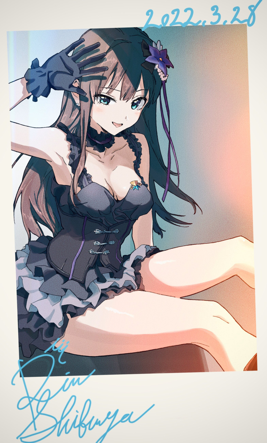 1girl :d absurdres arm_up armpits black_dress black_gloves black_hair bloom_into_me15 breasts collarbone dated dress earrings feet_out_of_frame flower frilled_dress frills gloves green_eyes hair_flower hair_ornament highres idol idolmaster idolmaster_cinderella_girls jewelry medium_breasts photo_(object) shibuya_rin signature smile straight_hair stud_earrings thighs