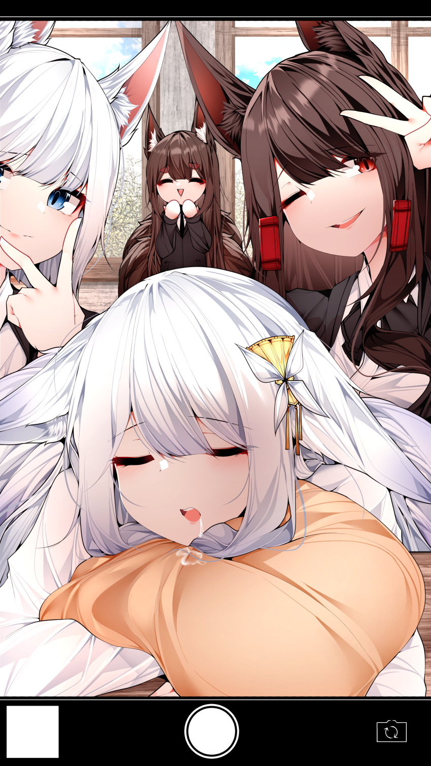 4girls absurdres akagi_(azur_lane) amagi_(azur_lane) animal_ear_fluff animal_ears azur_lane blue_eyes brown_hair brown_tail closed_eyes day eyebrows_visible_through_hair fox_ears happy highres indoors kaga_(azur_lane) long_hair multiple_girls multiple_tails saliva saliva_drip samip selfie shinano_(azur_lane) short_hair sleeping slit_pupils tail taking_picture v white_hair