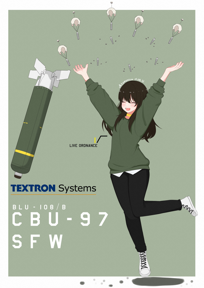 1girl ^_^ artist_name atamonica black_hair blush bomb cbu-97_sensor_fuzed_weapon closed_eyes cluster_bomb commentary dated english_commentary highres jumping long_hair military original pants parachute personification shoes smile sweater