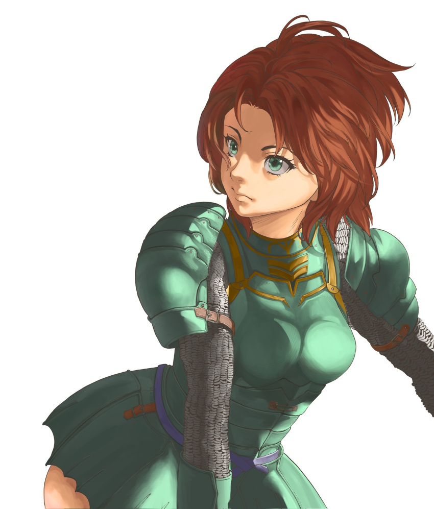 1girl aelia armor breastplate chainmail green_armor green_eyes highres redhead serious shaded_face short_hair shoulder_armor takayuki_azuma valkyrie_profile