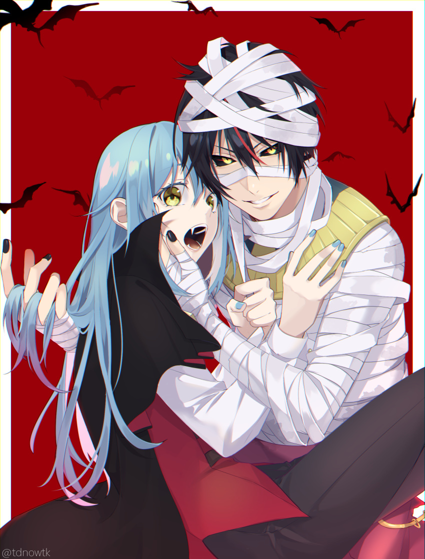 1boy 1other \||/ absurdres androgynous bandages bangs bat black_cloak black_hair black_nails black_pants black_sclera blue_hair blue_nails cloak colored_sclera commentary_request diablo_(tensei_shitara_slime_datta_ken) fangs grin halloween halloween_costume hand_in_another's_hair hand_on_another's_face highres looking_at_viewer multicolored_hair mummy_costume open_mouth outside_border pants red_background red_vest redhead rimuru_tempest shirt simple_background smile ss023xx streaked_hair tensei_shitara_slime_datta_ken tongue twitter_username vampire_costume vest white_shirt yellow_eyes