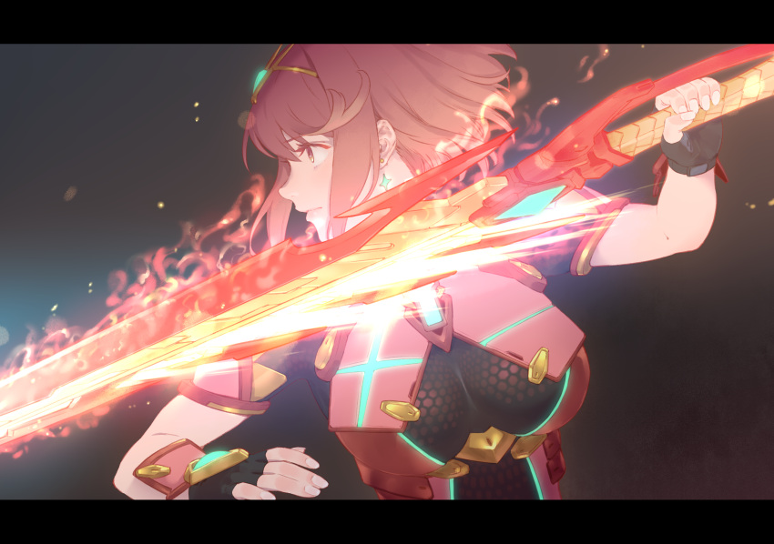 1girl bangs black_gloves breasts brown_eyes closed_mouth commentary dark_background earrings eyebrows_visible_through_hair fingerless_gloves fire gloves highres holding holding_sword holding_weapon impossible_clothes jewelry large_breasts letterboxed looking_away looking_to_the_side neon_trim profile pyra_(xenoblade) pyrokinesis red_eyes short_hair short_sleeves solo sword tiara upper_body uyama_hajime weapon wrist_guards xenoblade_chronicles_(series) xenoblade_chronicles_2