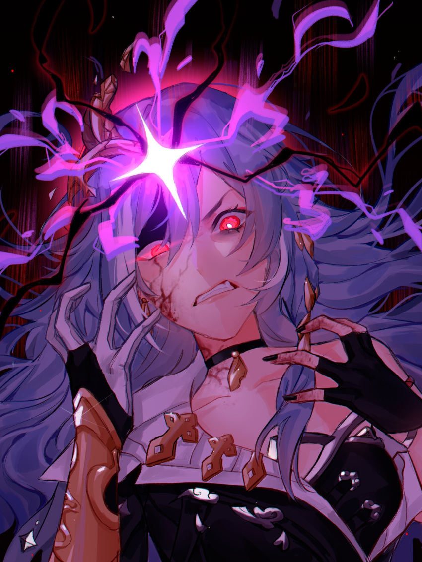 1girl angry asymmetrical_gloves bangs black_choker black_gloves black_hair black_nails chinese_clothes choker earrings fingerless_gloves fu_hua fu_hua_(herrscher_of_sentience) gloves glowing glowing_eye hair_ornament higanhattori highres honkai_(series) honkai_impact_3rd jewelry long_hair looking_at_viewer mismatched_gloves nail_polish red_eyes single_earring solo v-shaped_eyebrows white_gloves