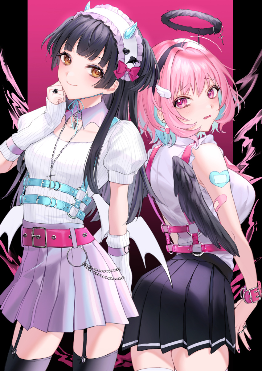 2girls anoa bandaid bandaid_on_arm bangs black_hair black_hairband black_legwear black_skirt black_wings blue_hair breasts brown_eyes closed_mouth commentary_request detached_sleeves eyebrows_visible_through_hair fake_halo feathered_wings frilled_hairband frills garter_straps hairband heart heart-shaped_eyes highres idolmaster idolmaster_cinderella_girls idolmaster_shiny_colors jewelry long_sleeves mayuzumi_fuyuko medium_breasts multicolored_hair multiple_girls necklace parted_lips pink_hair pleated_skirt puffy_short_sleeves puffy_sleeves purple_skirt ring shirt short_sleeves skirt sleeves_past_wrists smile strap symbol_in_eye thigh-highs two-tone_hair violet_eyes wavy_hair white_hairband white_legwear white_shirt wings yumemi_riamu