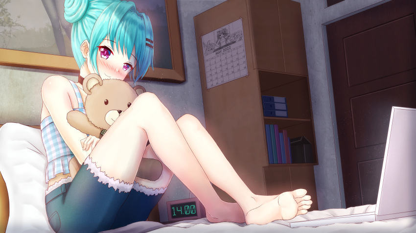 1girl bangs bare_arms bare_shoulders barefoot blue_hair blue_shorts blush calendar_(object) camisole clock closed_mouth commentary commission computer digital_clock double_bun english_commentary eyebrows_visible_through_hair fur-trimmed_shorts fur_trim hair_intakes hair_ornament hairclip highres indoors laptop looking_at_viewer nose_blush object_hug on_bed original patrick_star pillow plaid prophosphere short_shorts shorts sitting smile solo spongebob_squarepants spongebob_squarepants_(character) stuffed_animal stuffed_toy teddy_bear violet_eyes