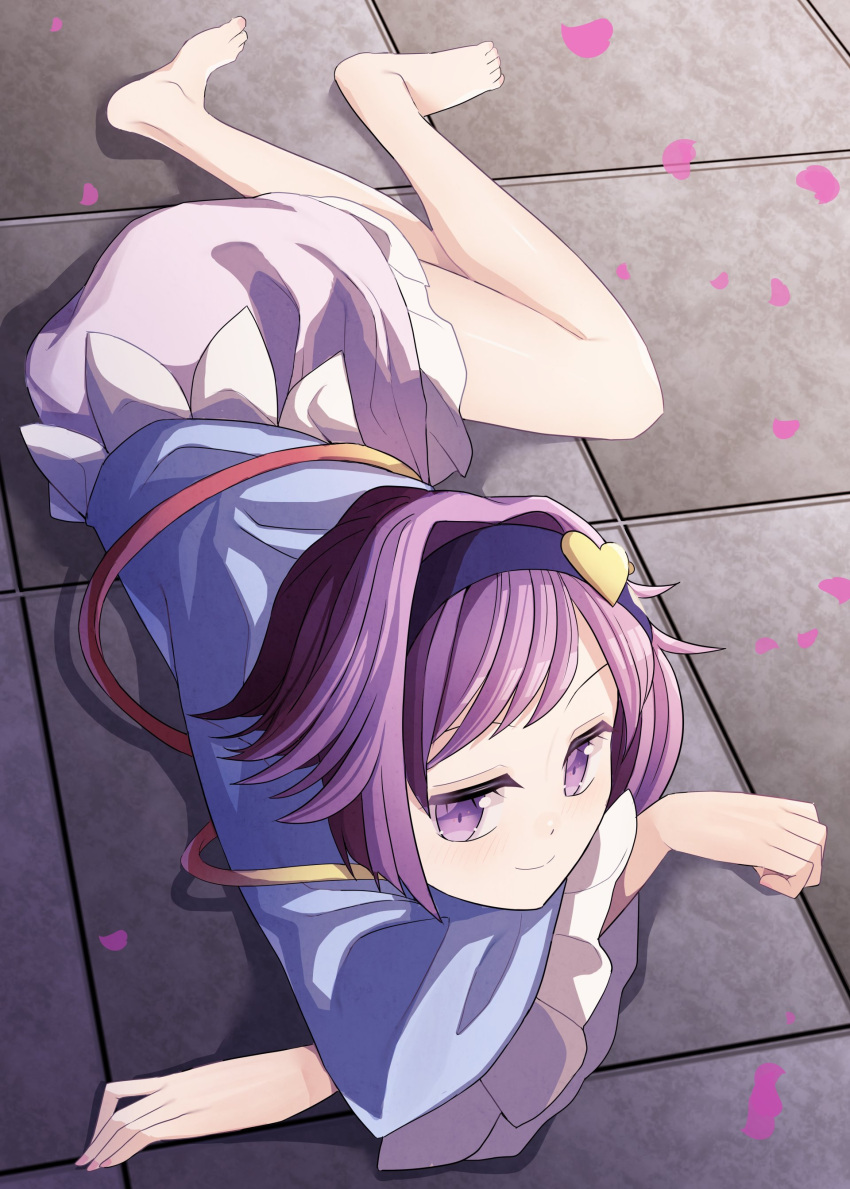 1girl absurdres bangs barefoot blouse blue_blouse closed_mouth commentary_request eyebrows_visible_through_hair fingernails floor frills hairband heart highres komeiji_satori long_fingernails looking_to_the_side lying nail_polish on_stomach petals pink_nails pink_skirt purple_hair purple_hairband satori_day sei_(kaien_kien) shadow skirt smile solo toenail_polish toenails touhou violet_eyes