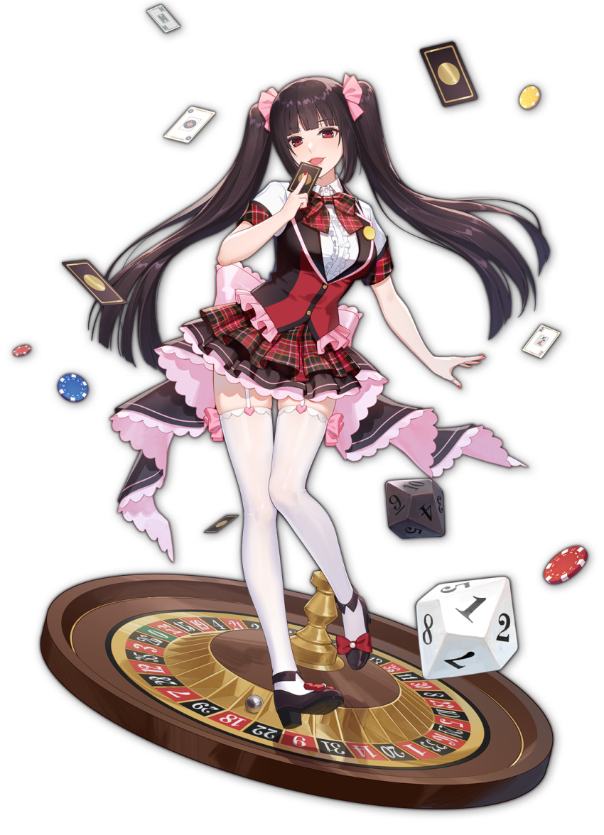 1girl artist_request black_footwear bow bowtie brown_hair card dice eyebrows_visible_through_hair game_cg highres hime_cut holding holding_card jabami_yumeko kakegurui looking_at_viewer mahjong mahjong_soul mahjong_tile official_art open_mouth playing_card poker_chip red_bow red_eyes red_nails roulette shirt simple_background thigh-highs third-party_source transparent_background twintails white_shirt yostar