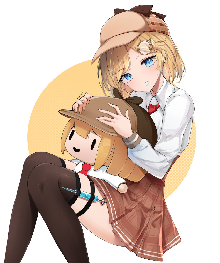 1girl absurdres bangs black_legwear blonde_hair blue_eyes brown_skirt english_commentary eyebrows_visible_through_hair eyelashes forehead frilled_skirt frills hair_ornament hat highres holding hololive hololive_english hug knees_together_feet_apart long_sleeves looking_at_viewer loose_necktie monocle necktie open_mouth over-kneehighs parted_bangs red_necktie short_hair signature sitting skirt smol_ame solo sunny721 teeth thigh-highs thighs two-tone_background virtual_youtuber watson_amelia white_sleeves
