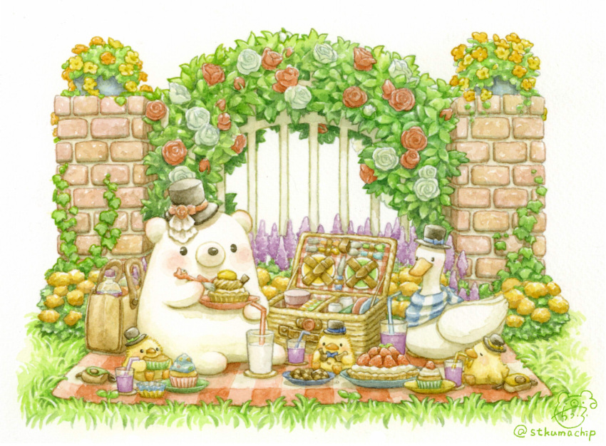 bear bird black_headwear blush bow bowtie chick cup drinking_glass drinking_straw duck fork hat holding holding_fork no_humans original picnic picnic_basket polar_bear red_bow red_bowtie signature sitting st.kuma top_hat twitter_username