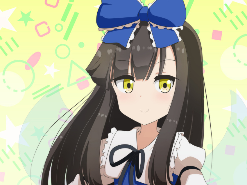 1girl bangs black_bow black_bowtie blue_bow blue_dress blush bow bowtie cato_(monocatienus) circle closed_mouth clouds collared_shirt commentary_request dress elips eyebrows_visible_through_hair fairy_wings frills grey_hair hair_between_eyes hair_bow hexagon juliet_sleeves long_hair long_sleeves looking_to_the_side puffy_sleeves shirt smile solo square star_sapphire touhou triangle upper_body white_shirt wings yellow_background yellow_eyes