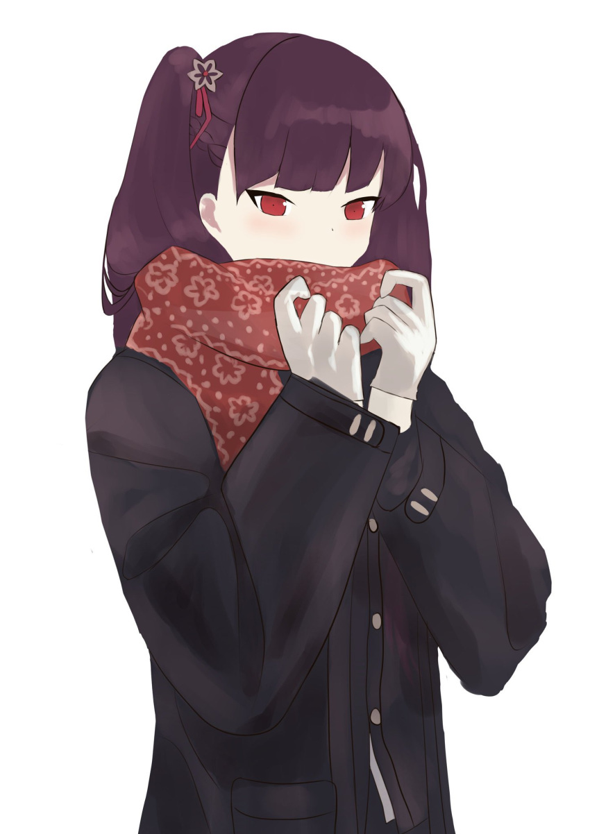 1girl bangs black_coat black_jacket blush coat covering_mouth eyebrows_visible_through_hair girls_frontline gloves highres jacket long_hair looking_at_viewer purple_hair red_eyes red_scarf scarf side_ponytail solo upper_body wa2000_(girls'_frontline) wh1te white_background white_gloves