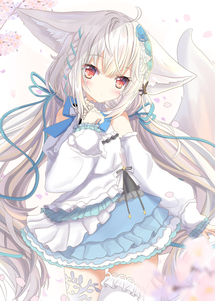 1girl animal_ear_fluff animal_ears aruka_(alka_p1) blush commentary_request commission dress fox_ears fox_girl fox_tail highres long_hair looking_at_viewer low_twintails original red_eyes sakurada_shiro skeb_commission solo tail thigh-highs twintails very_long_hair white_hair white_legwear