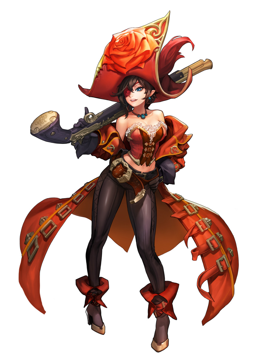 1girl absurdres bangs bare_shoulders black_pants blue_eyes boots breasts bustier ear_piercing elf full_body game_cg gloves grin guardian_tales gun hand_on_hip hat highres holding holding_weapon jewelry looking_at_viewer medium_breasts navel necklace official_art pants piercing pirate_hat pirate_rachel pointy_ears sleeveless smile standing swept_bangs transparent_background weapon