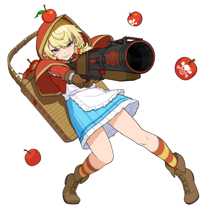 1girl absurdres apple apple_on_head apron bangs basket blonde_hair blue_dress blue_eyes bomb boots capelet dress elf eyebrows_visible_through_hair food fruit game_cg gloves guardian_tales gun highres holding holding_gun holding_weapon official_art pointy_ears red_hood_elvira smirk transparent_background weapon