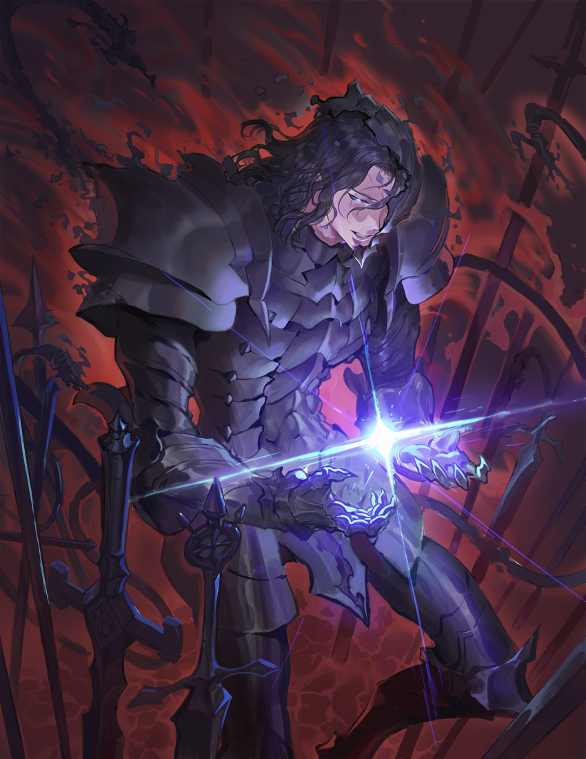 1boy armor berserker_(fate/zero) black_armor blue_eyes broken_armor broken_helmet commentary_request expressionless fate/grand_order fate/zero fate_(series) feet_out_of_frame fuli_dun glowing glowing_eye highres knight lancelot_(fate/zero) light light_rays long_hair looking_at_object male_focus purple_hair solo sword weapon