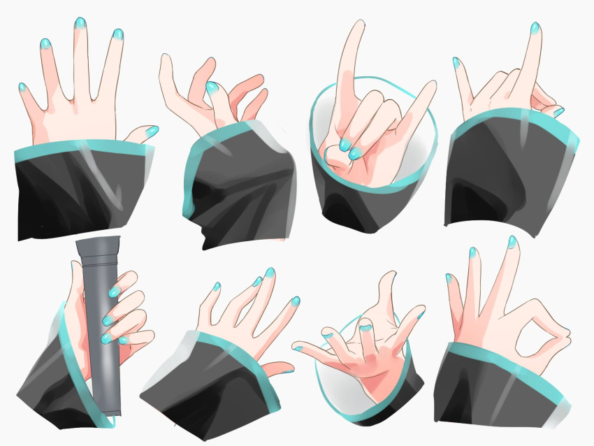 1girl agonasubi black_sleeves blue_nails commentary_request fox_shadow_puppet hand_focus hand_up hands hatsune_miku highres holding holding_microphone long_sleeves microphone multiple_views ok_sign outstretched_hand simple_background vocaloid white_background