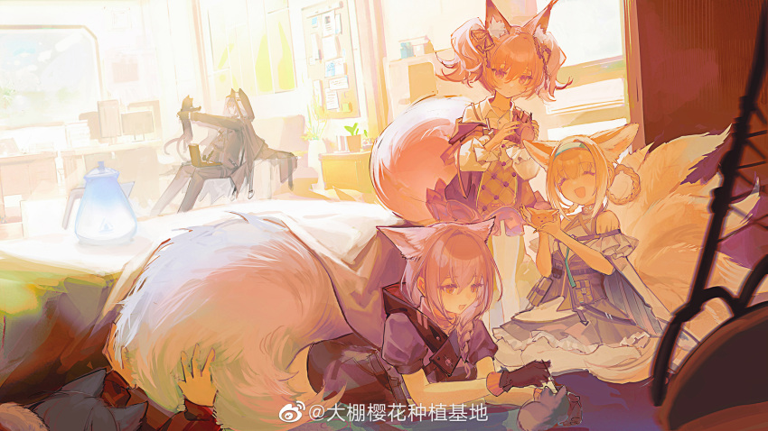 1boy 4girls :d animal animal_ears arknights black_cat black_gloves black_jacket blue_hairband braid cat christine_(arknights) closed_eyes crafting dress extra_ears eyebrows_visible_through_hair fox_ears fox_girl fox_tail fur-trimmed_hood fur_trim gloves grey_hair hair_ribbon hairband happy highres holding holding_animal holding_cat hood hood_down hood_up hooded_jacket jacket kettle kitsune large_tail long_hair long_sleeves lying multiple_girls multiple_tails nekomata neriash on_stomach out_of_frame pantyhose phantom_(arknights) pink_eyes pink_hair projekt_red_(arknights) provence_(arknights) purple_dress purple_hair purple_shirt red_jacket rhodes_island_logo ribbon seiza shamare_(arknights) shirt sidelocks single_braid sitting smile suzuran_(arknights) tactical_clothes tail twintails vest weibo_username white_legwear white_shirt wolf_ears wolf_girl wolf_tail