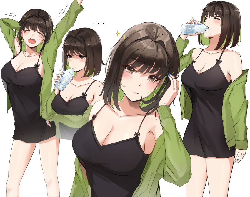 &gt;_&lt; ... 1girl absurdres arm_under_breasts arms_up black_dress black_hair blue_nails blush bottle breasts brown_eyes closed_eyes closed_mouth collarbone colored_inner_hair cowboy_shot cropped_torso dangle_earrings dress drinking earrings gold_earrings green_hair green_sweater highres holding holding_bottle jewelry large_breasts looking_at_viewer miru_(ormille) mole mole_on_breast mole_under_eye multicolored_hair multiple_views off_shoulder open_mouth original ormille short_dress short_hair spaghetti_strap sparkle sweater upper_body v-shaped_eyebrows water_bottle yawning