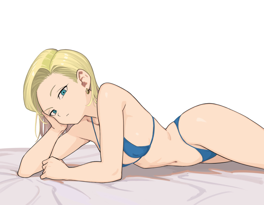 1girl android_18 bed bikini blonde_hair blue_bikini blue_eyes breasts covered_nipples cowboy_shot dragon_ball dragon_ball_z forehead highres large_breasts looking_at_viewer lying navel on_stomach rokoido12 short_hair simple_background solo swimsuit white_background