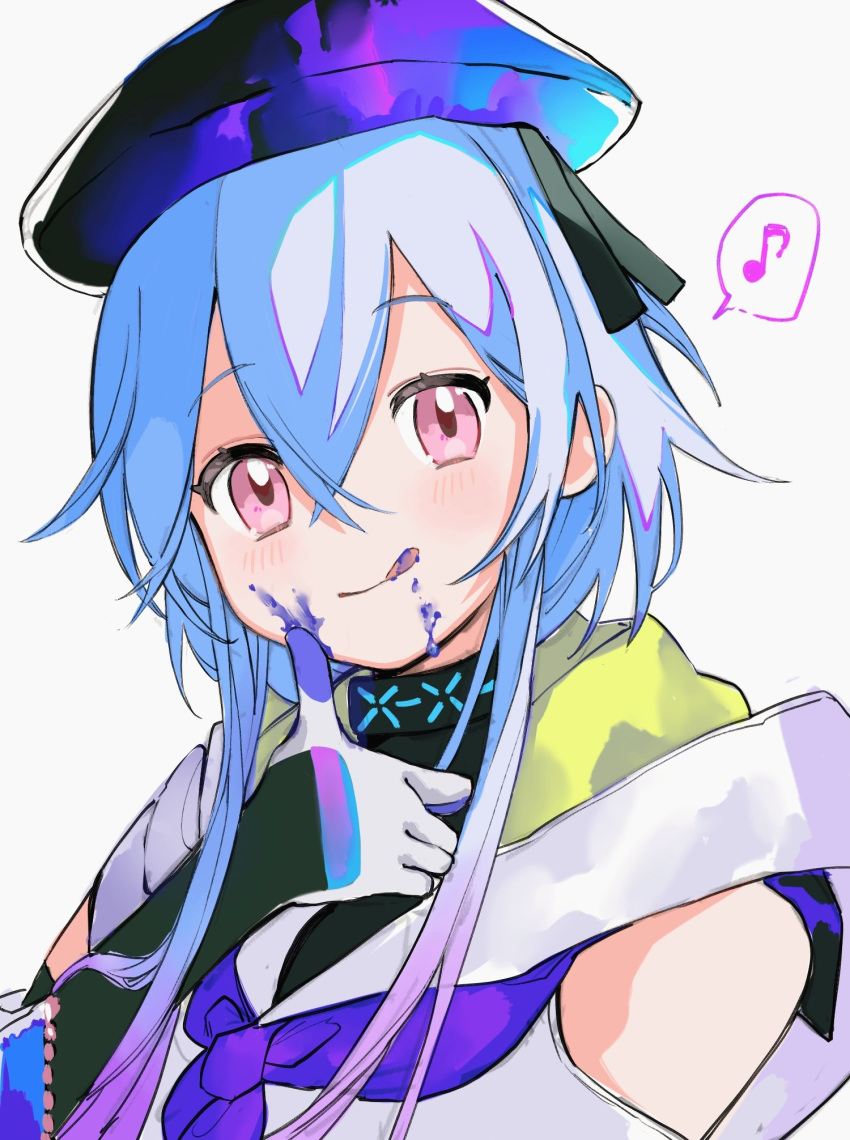 1boy :q arknights black_gloves black_ribbon blue_hair blue_headwear blue_neckerchief blush clothing_cutout eighth_note elbow_gloves eyebrows_visible_through_hair food food_on_face gloves hair_between_eyes hair_ribbon hat highres jacket licking_lips looking_at_viewer male_focus mizuki_(arknights) mmm_ma_pmpm multicolored_hair musical_note neckerchief otoko_no_ko pink_eyes pink_hair ribbon short_hair_with_long_locks shoulder_cutout simple_background smile solo spoken_musical_note streaked_hair tongue tongue_out upper_body white_background white_jacket