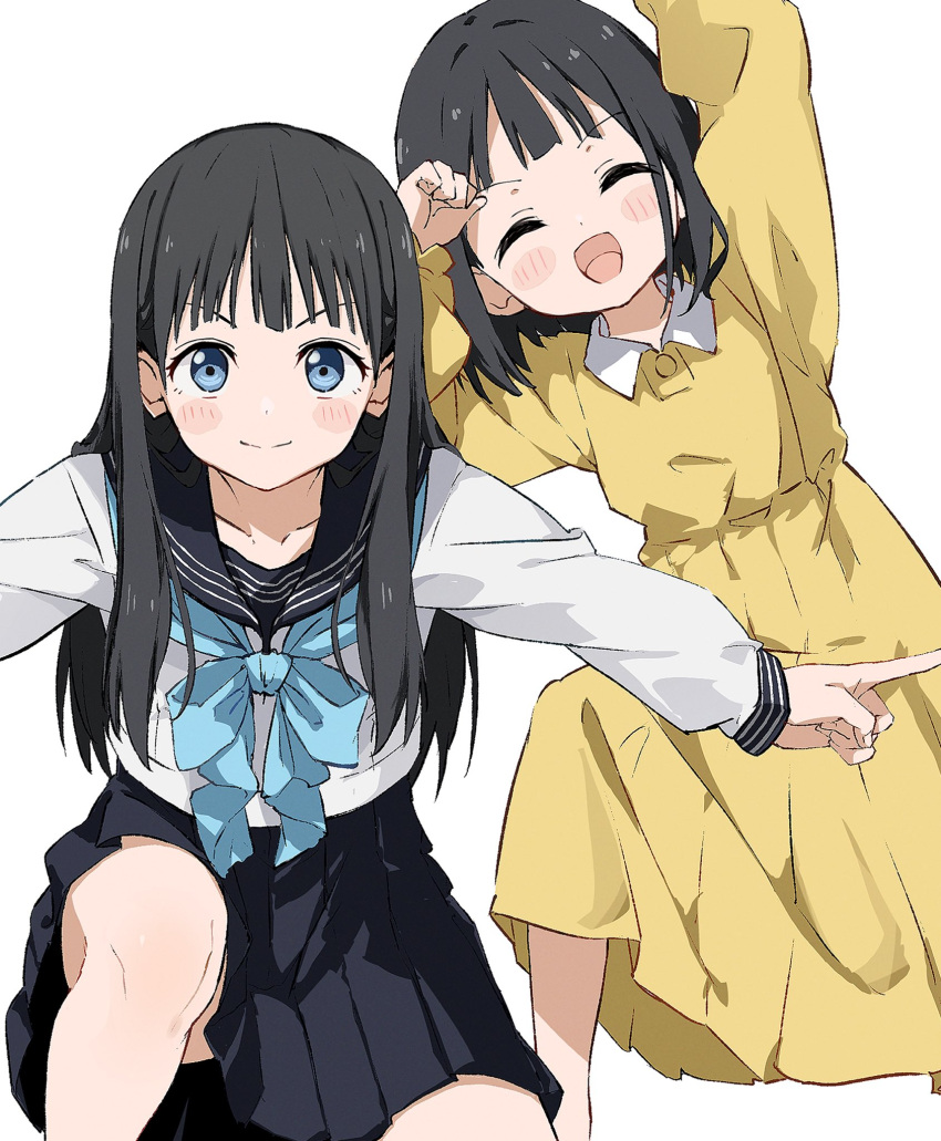 2girls age_difference arm_up black_hair black_sailor_collar black_skirt blue_eyes blue_neckerchief blush_stickers character_request child clenched_hand closed_eyes commentary_request copyright_request dress hand_up height_difference highres index_finger_raised long_hair long_sleeves looking_at_viewer multiple_girls neckerchief one_knee open_mouth pleated_skirt rauto sailor_collar school_uniform serafuku shirt short_hair skirt smile v-shaped_eyebrows white_background white_shirt wing_collar yellow_dress