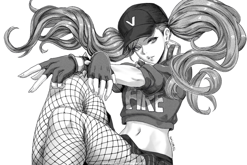 1girl alternate_costume artist_name bangs bare_legs baseball_cap blonde_hair blue_eyes bracelet breasts crop_top earrings english_text eyelashes fingerless_gloves fishnet_legwear fishnets gloves hat hoop_earrings invisible_chair jewelry knee_up legs lips looking_at_viewer magion02 midriff monochrome navel parted_lips patreon_username persona persona_5 persona_5:_dancing_star_night plaid plaid_skirt shirt short_sleeves simple_background sitting skirt solo swept_bangs takamaki_anne twintails v white_background