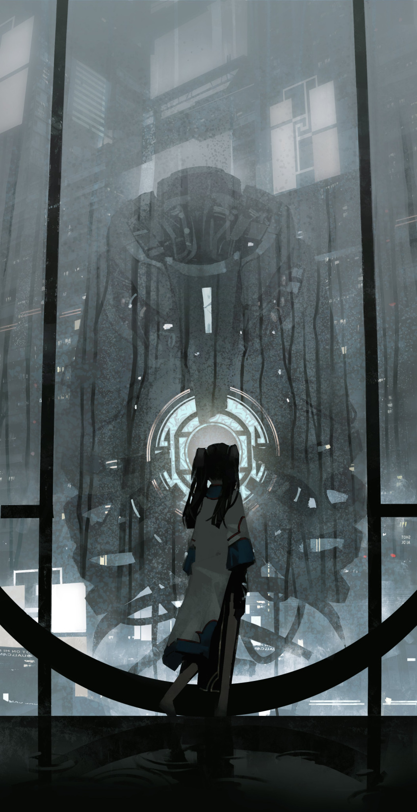 1girl absurdres barefoot black_hair building chinese_clothes city dress facing_away from_behind full_body highres long_hair long_sleeves original robot science_fiction solo tuoer twintails white_dress window