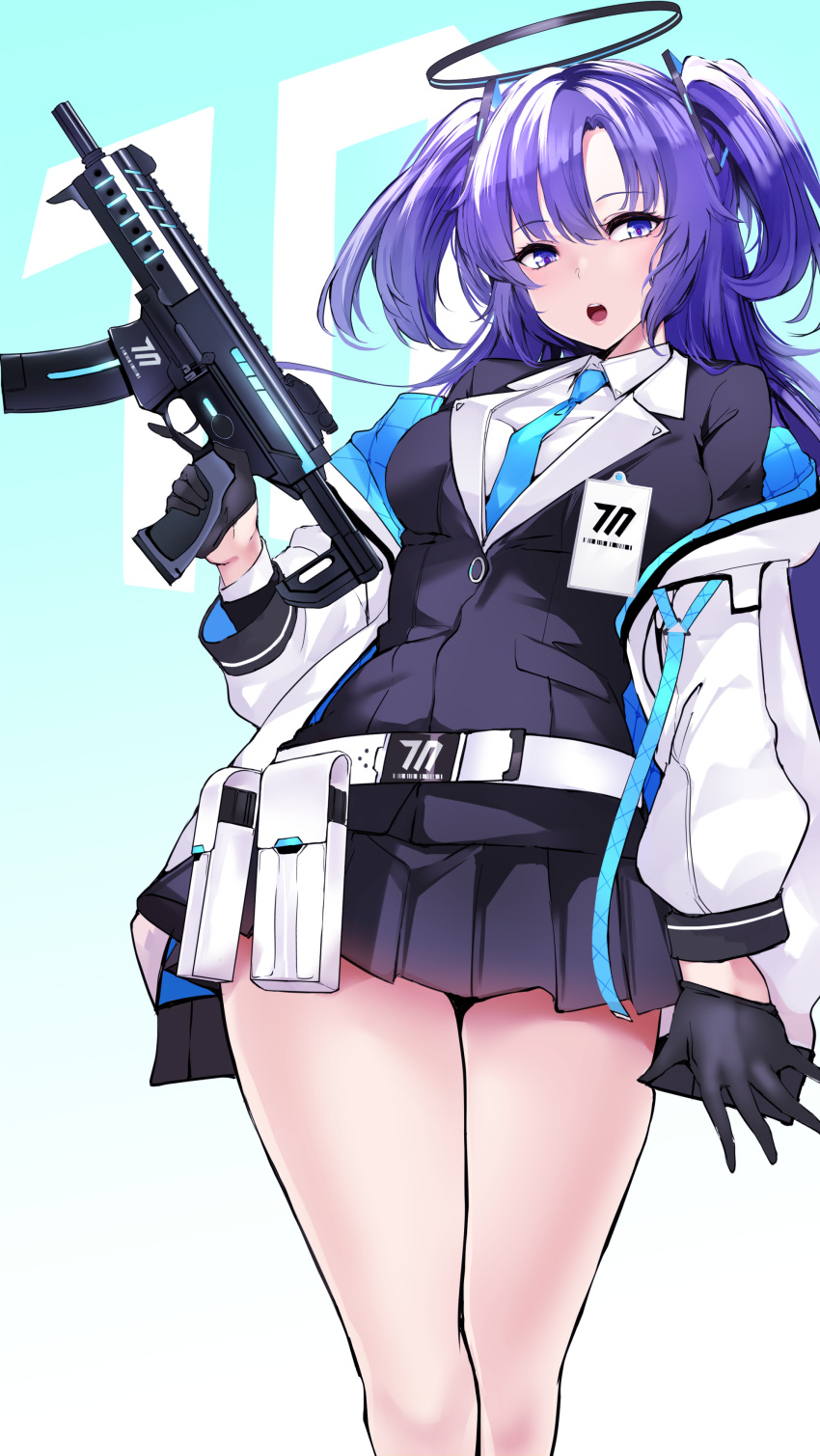 1girl absurdres agetama bangs belt between_breasts black_gloves blue_archive blue_necktie breasts business_suit collared_shirt commentary cowboy_shot eyebrows_visible_through_hair eyelashes forehead formal frilled_skirt frills gloves gradient gradient_background gun half_gloves halo highres holding holding_gun holding_weapon jacket legs_together long_hair long_sleeves looking_to_the_side necktie necktie_between_breasts open_clothes open_jacket open_mouth parted_bangs pouch purple_hair shirt short_twintails skirt solo standing suit teeth thighs twintails two_side_up upper_teeth violet_eyes weapon white_shirt yuuka_(blue_archive)