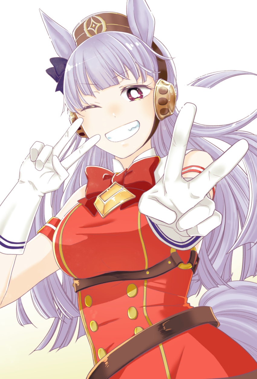 1girl :d animal_ears bangs bow bowtie breasts double_v gloves gold_ship_(umamusume) hair_bow horse_ears horse_girl koharaomi large_breasts long_hair looking_at_viewer one_eye_closed open_mouth purple_eyes purple_hair red_bow red_bowtie red_shirt shirt simple_background sleeveless sleeveless_shirt smile solo tail umamusume v white_gloves